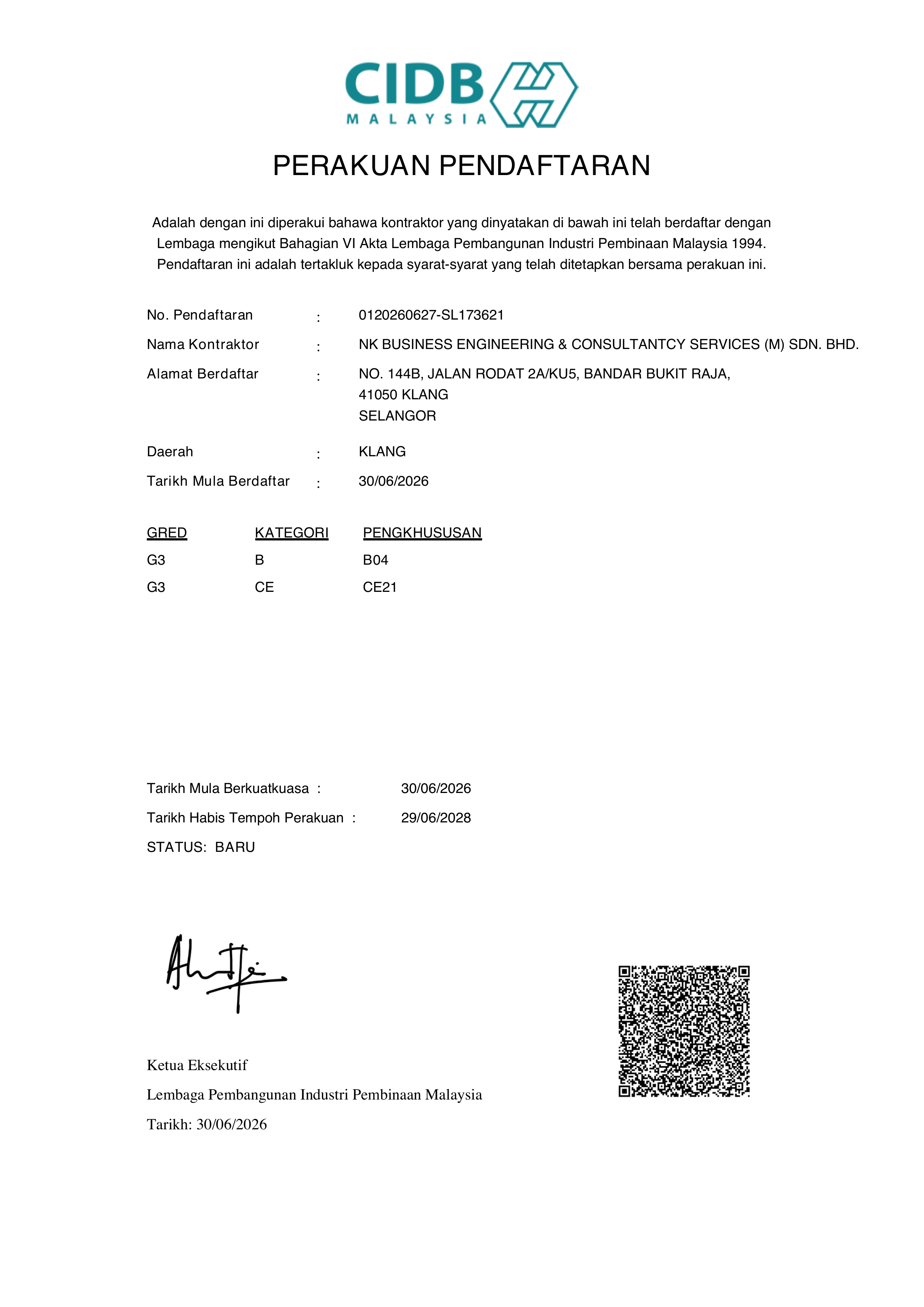 CIDB contractor registration certificate for NK BUSINESS ENGINEERING & CONSULTANTCY SERVICES (M) SDN. BHD.