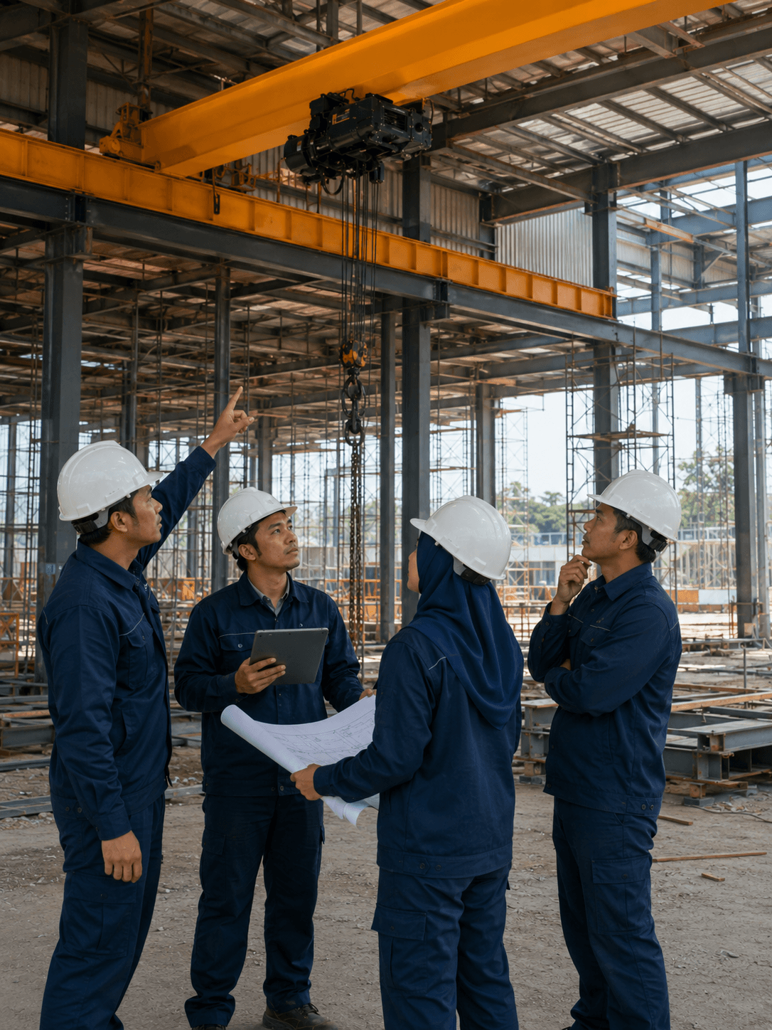 NKBE installation team coordinating lifting-system work on site